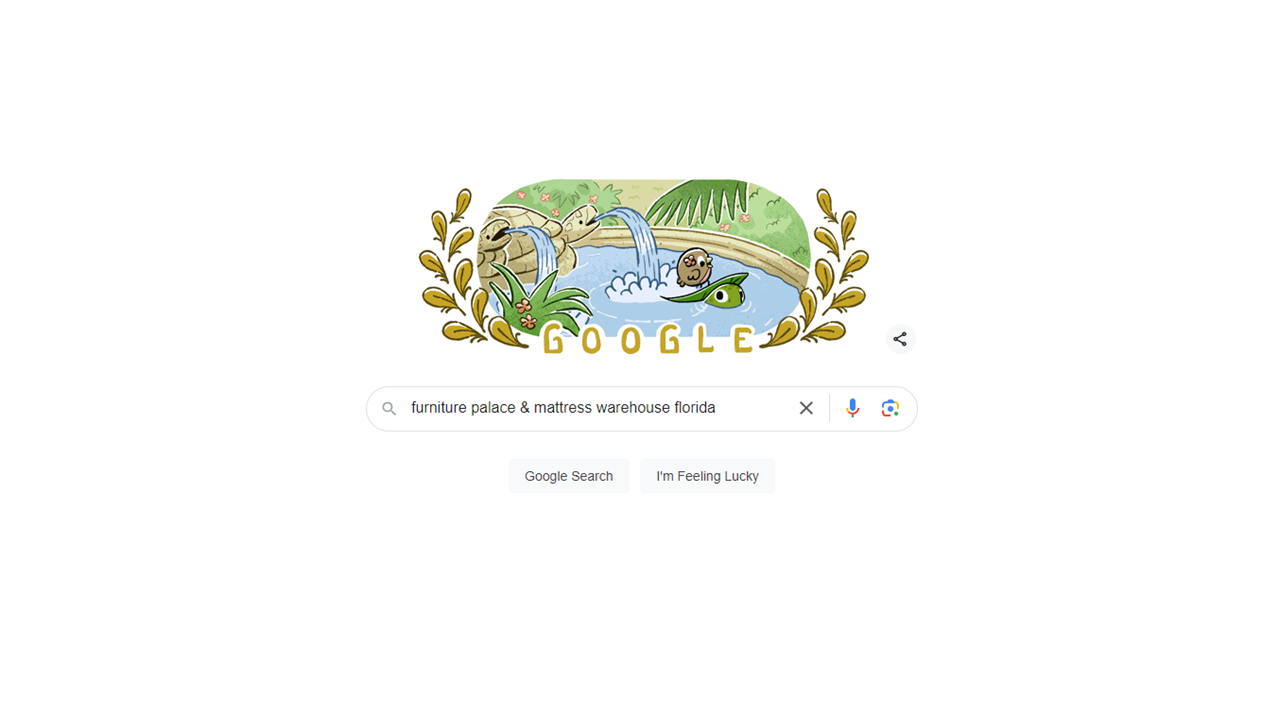 Google homepage with a themed Doodle featuring a sloth in a pond and surrounding plant life. The search bar displays the text "furniture palace & mattress warehouse florida".