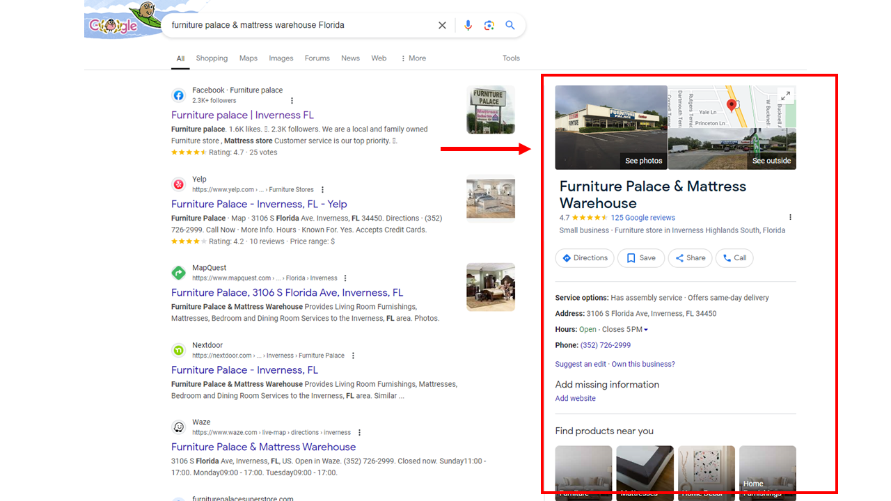 Screenshot of a Google search for "Furniture Palace & Mattress Warehouse Florida" showing search results on the left and business details with a map on the right.