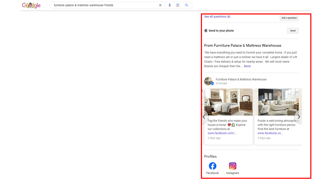 A Google search for "furniture palace & mattress warehouse Florida" displaying company details, question section, photos of furniture, and links to Facebook and Instagram profiles on the right panel.