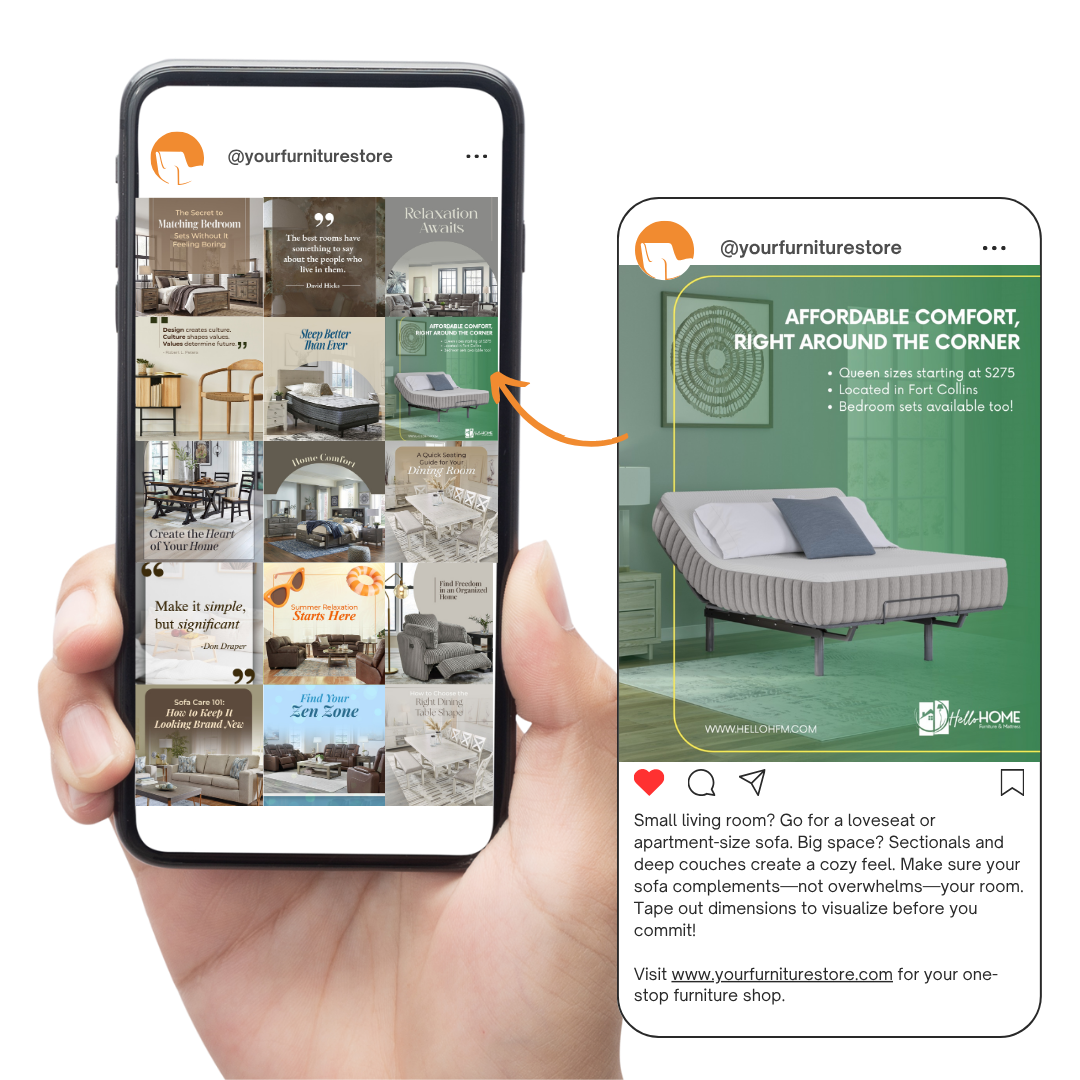 1 A hand holds a phone displaying a furniture store’s Instagram post; an arrow points to a close-up of a green sofa ad with text promoting affordable comfort and store info.