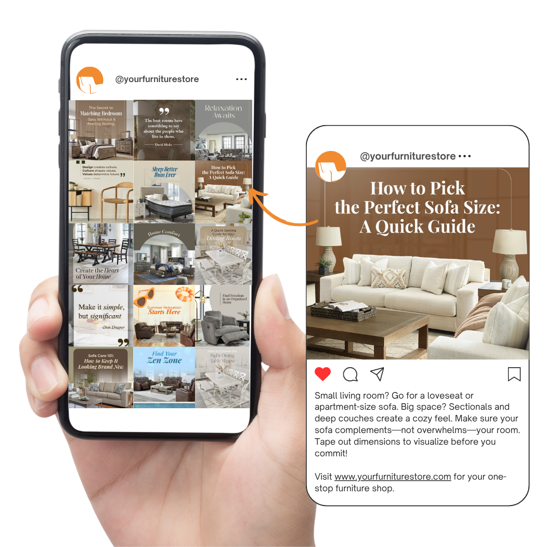 2 A hand holds a phone displaying an Instagram page for a furniture store, highlighting a post about choosing the right sofa size, with images of sofas and home interiors.