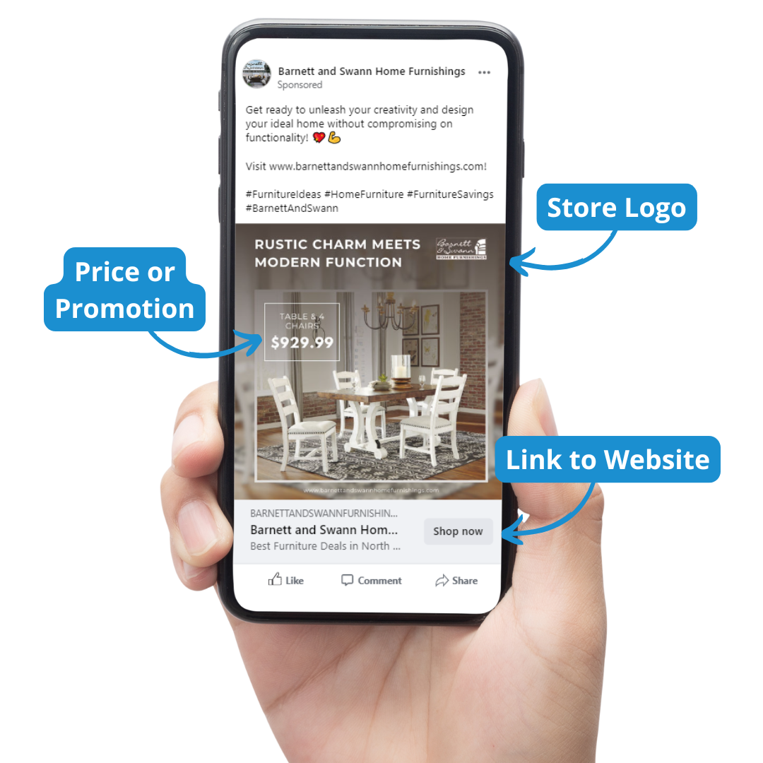 Perfect for stores that want to maintain a strong, consistent online presence without lifting a finger. We select and publish engaging, non-branded furniture content 7 days a week to Facebook, Ins (1) A hand holding a smartphone displaying a furniture store ad featuring a table set, price, store logo, and a "Shop now" link to the website.