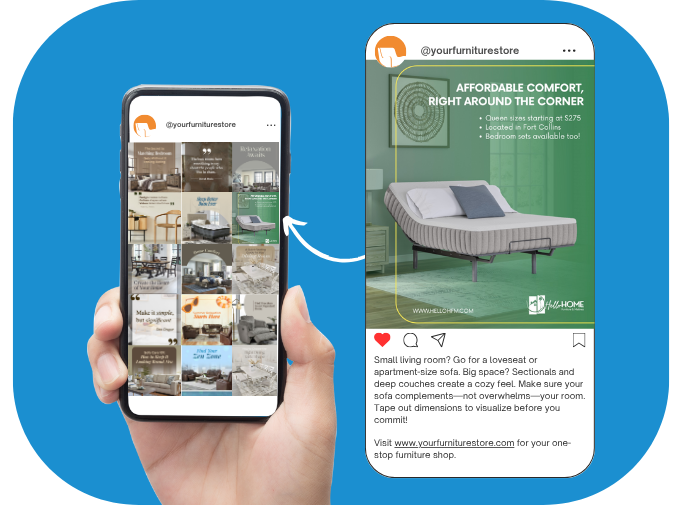 Home header page A hand holds a phone showing a furniture store's Instagram profile and a highlighted post featuring a green sofa with promotional text and a website link.