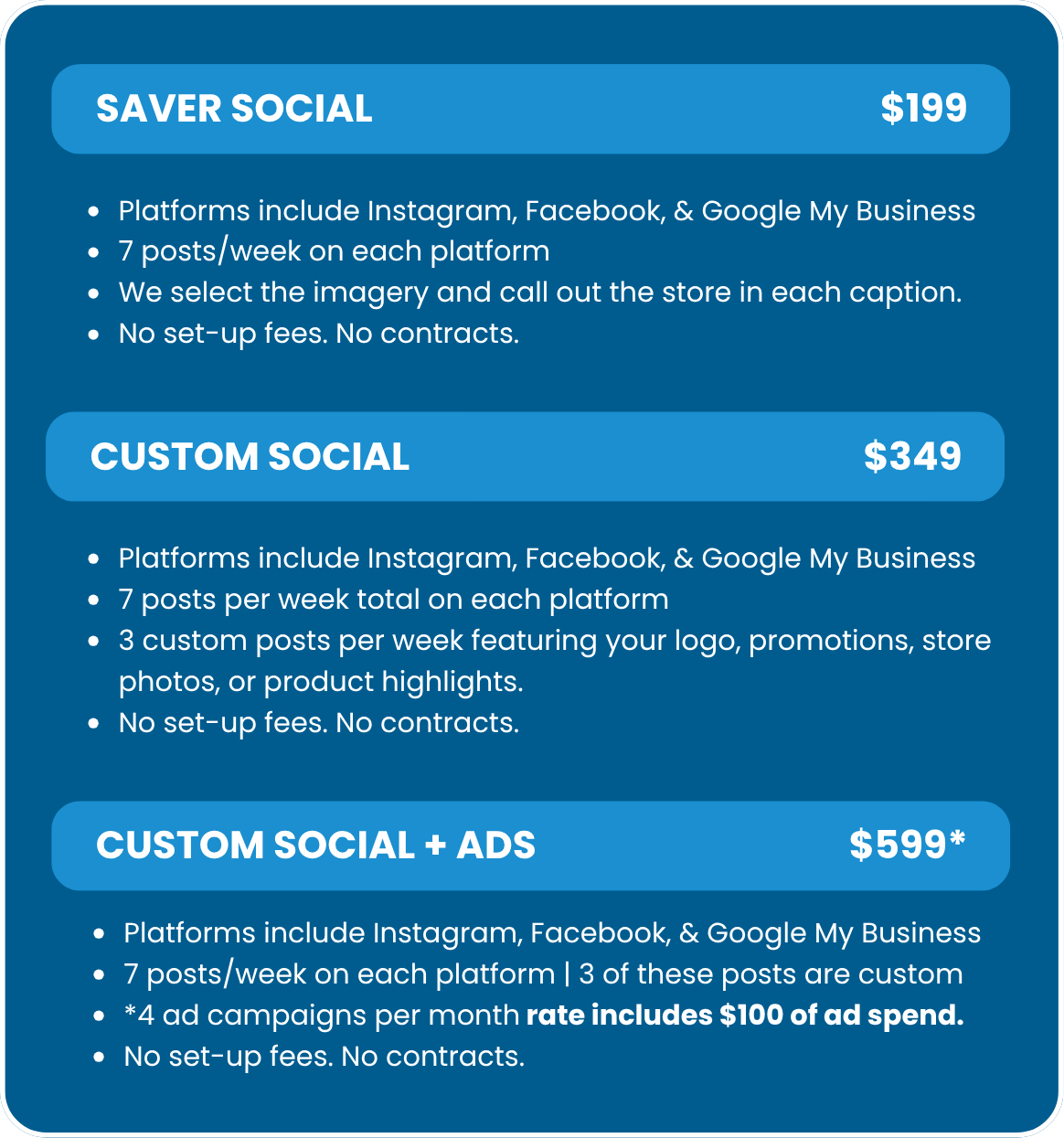 Three blue pricing plan cards for social media services labeled Basic ($199), Standard ($349), and Premium ($599), each listing included platforms, posting frequency, and features.